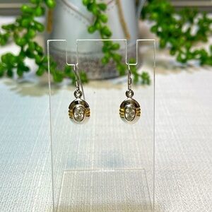 EUC 925 Sterling Silver & Gold Tone with Crystal Oval Dangle Drop Hook Earrings